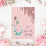 80th birthday party rose gold glitter drips art einladung<br><div class="desc">A feminine, modern and glamorous birthday invitation. A girly rose gold background color. A sketch of a woman in a mint green colored dress. Rose gold faux glitter drip, paint drip look on top. The text: 80th Birthday Party in rose gold trendy hand lettered style script. Templates for a name...</div>