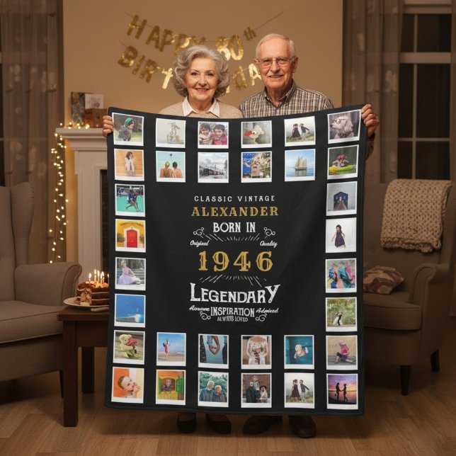 80th Birthday Photo Collage Father Grandfather Fleecedecke (1946 fleece blanket held by an elderly couple in a room.)