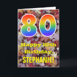 80th Birthday; Rustic Autumn Leaves; Rainbow "80" Karte<br><div class="desc">The front of this colorful, rustic and nature-inspirred birthday greeting design for large number 80 with a rainbow spectrum gradient inspirred pattern, along with the message "Happy 80th Birthday", and an editable name. Die Front Feature a background depicting rustic fallen Autumn leaves. The inside feature an editable birthday greeting message,...</div>