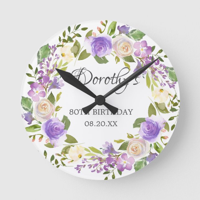 80th Birthday Rustic Purple Floral Round Clock Runde Wanduhr (Vorderseite)