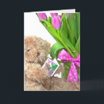 80th Birthday teddy bear with tulip bouquet Karte<br><div class="desc">Brown teddy bear with pink tulip bouquet a greeting card for 80th birthday begratulations</div>