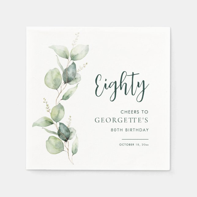 80th Birthday Watercolor Eucalyptus Paper Serviette (Vorderseite)