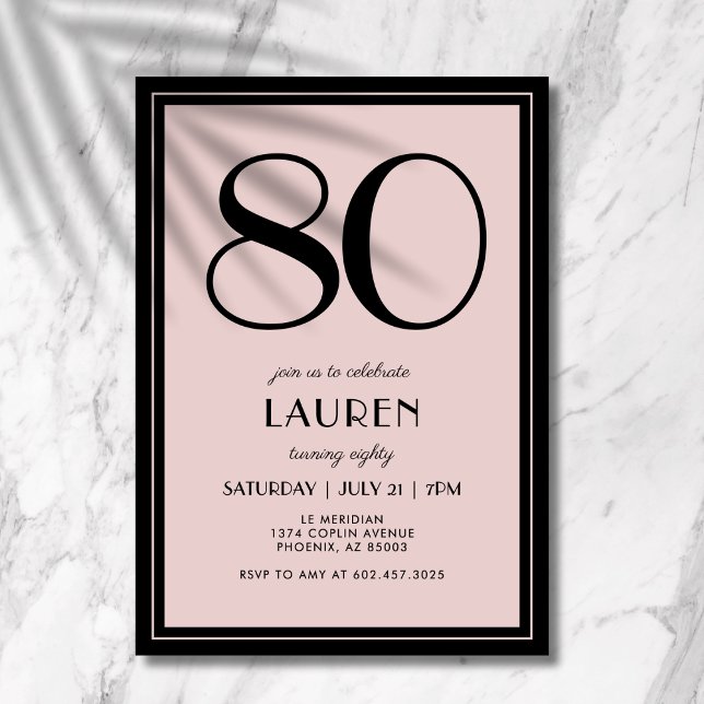 80th Birthday Women's Modern Minimal Black Pink Einladung (A chic black and pink invitation that blends modern minimal design with elegance.)