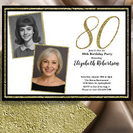 80th Custom 2 Photo White Black and Gold  Einladung