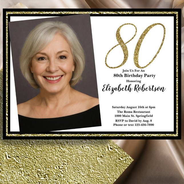 80th Custom Photo White Black and Gold  Einladung (Von Creator hochgeladen)