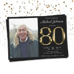 80th Solid Gold Text Black Classy Photo Birthday Einladung<br><div class="desc">80th Solid Gold Text Black Classy Photo Birthday Invitation. Simple yet classy birthday invitation with the birth year milestone in solid gold text effect! This is an editable template and could be used for both male and female. Contact me if you have any questions, I will do my best to...</div>