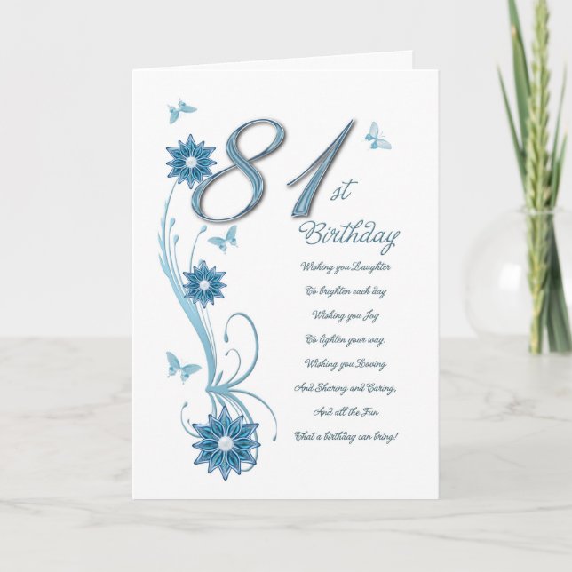 81. Geburtstag aquamarin mit Blume und Schmetterli Karte (Vorderseite)