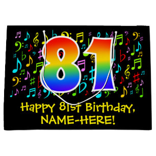 81. Geburtstag - Farbige Musiksymbole, Regenbogen  Große Geschenktüte