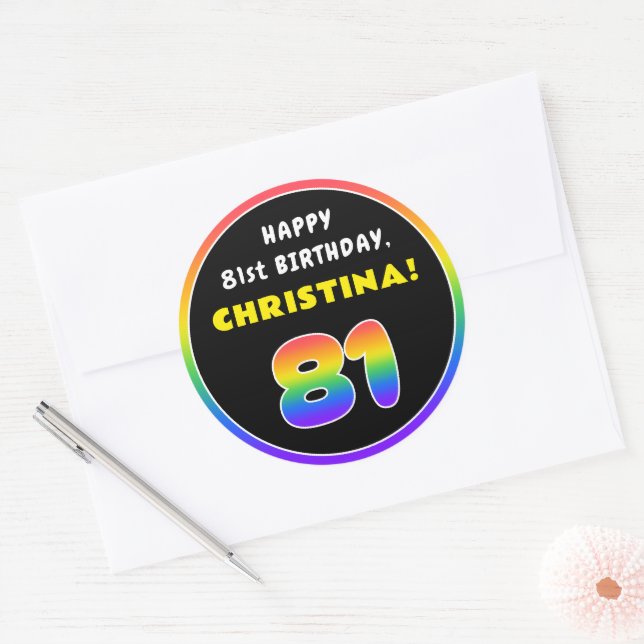 81. Geburtstag: Farbiger Regenbogen # 81, Individu Runder Aufkleber (Umschlag)
