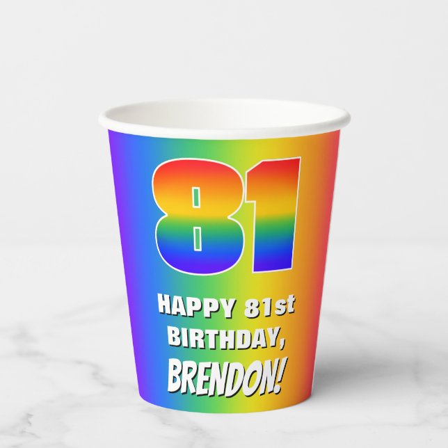 81. Geburtstag: Farbiges, lustiges Regenbogenmuste Pappbecher (Rückseite)
