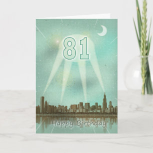 81e carte d'anniversaire avec une ville et des spo