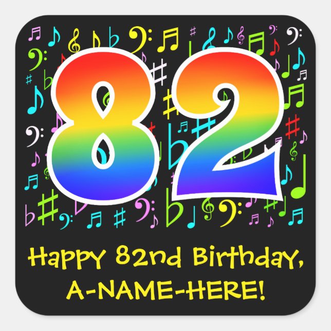 82. Geburtstag: Farbige Musiksymbole, Regenbogen 8 Quadratischer Aufkleber (Vorderseite)