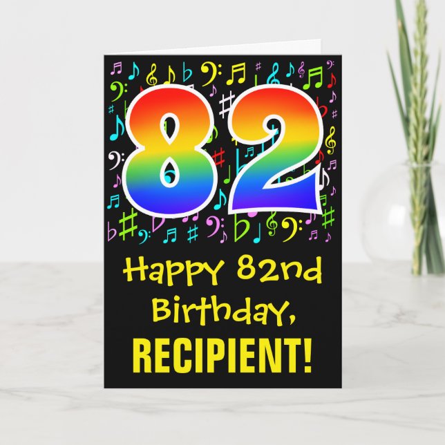 82. Geburtstag: Farbige Musiksymbole + Regenbogen  Karte (Vorderseite)