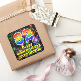 82. Geburtstag: Fun Fireworks Look, Rainbow # 82 Quadratischer Aufkleber