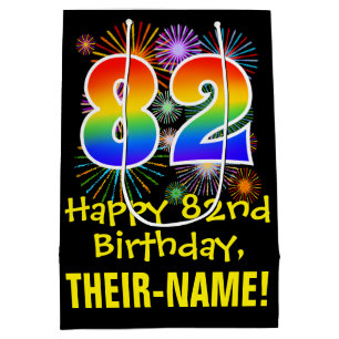 82. Geburtstag: Fun Fireworks Muster + Regenbogen  Mittlere Geschenktüte
