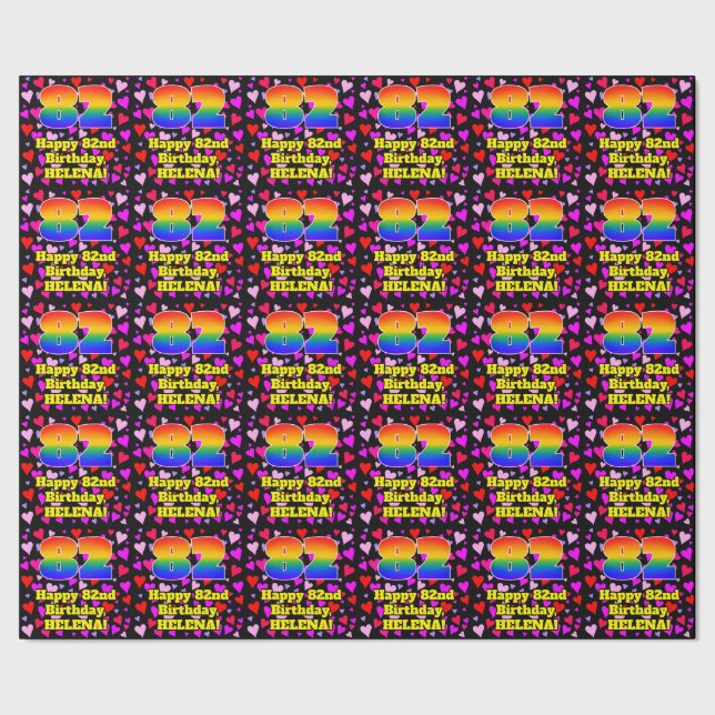 82. Geburtstag: Loving Hearts Pattern, Regenbogen  Geschenkpapier (Saum)