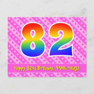82. Geburtstag: Rosa Streifen & Herzen, Regenbogen Postkarte