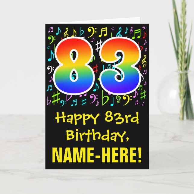 83. Geburtstag: Farbige Musiksymbole + Regenbogen  Karte (Vorderseite)