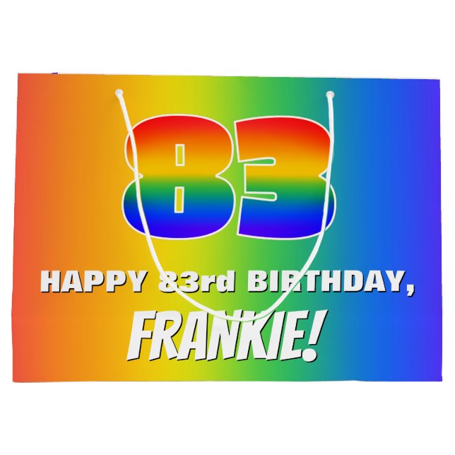 83. Geburtstag: Farbiges, lustiges Regenbogenmuste Große Geschenktüte (Rückseite)