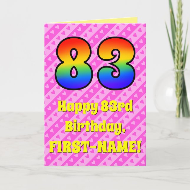 83. Geburtstag: Rosa Streifen & Herz, Regenbogen # Karte (Vorderseite)