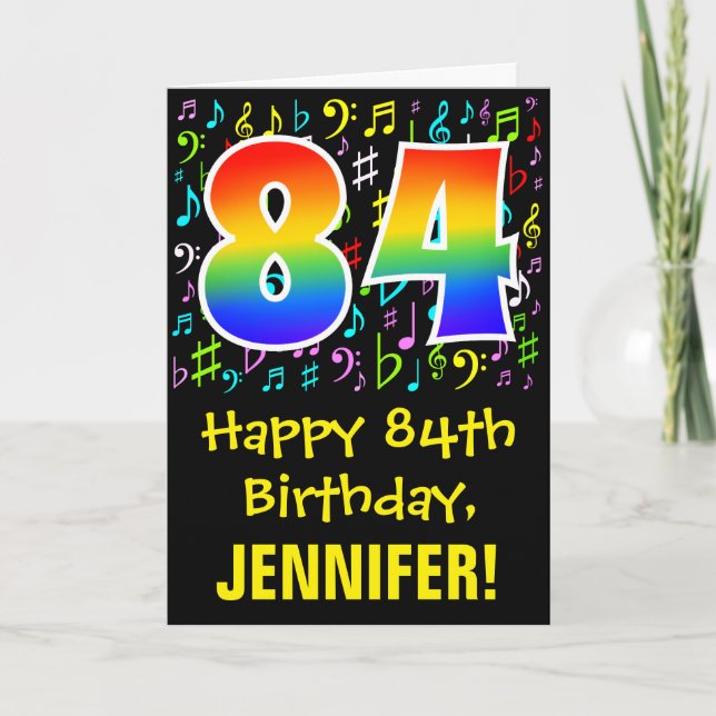 84. Geburtstag: Farbige Musiksymbole + Regenbogen  Karte (Vorderseite)