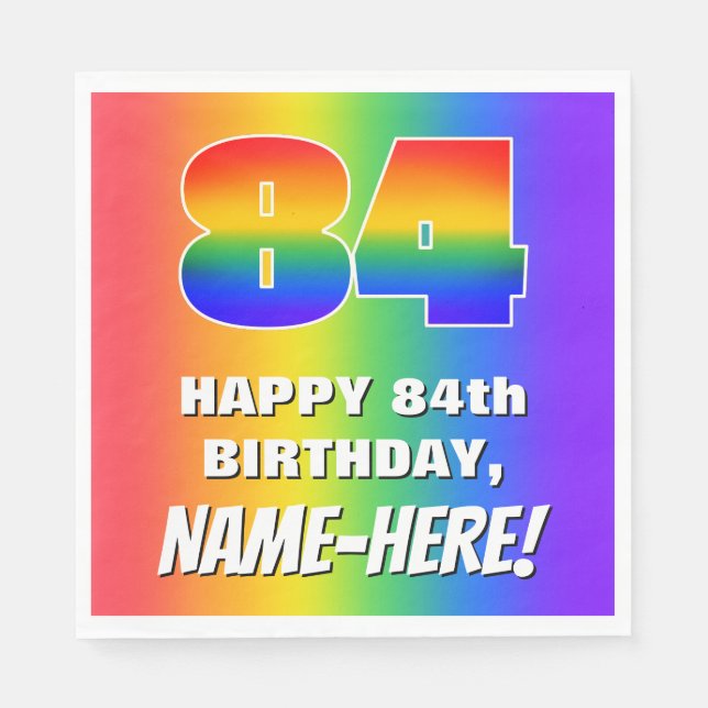 84. Geburtstag: Farbiges, lustiges Regenbogenmuste Serviette (Vorderseite)