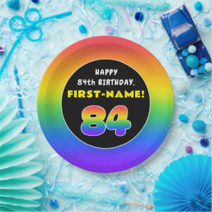 84th Birthday: Colorful Rainbow # 84, Custom Name Pappteller
