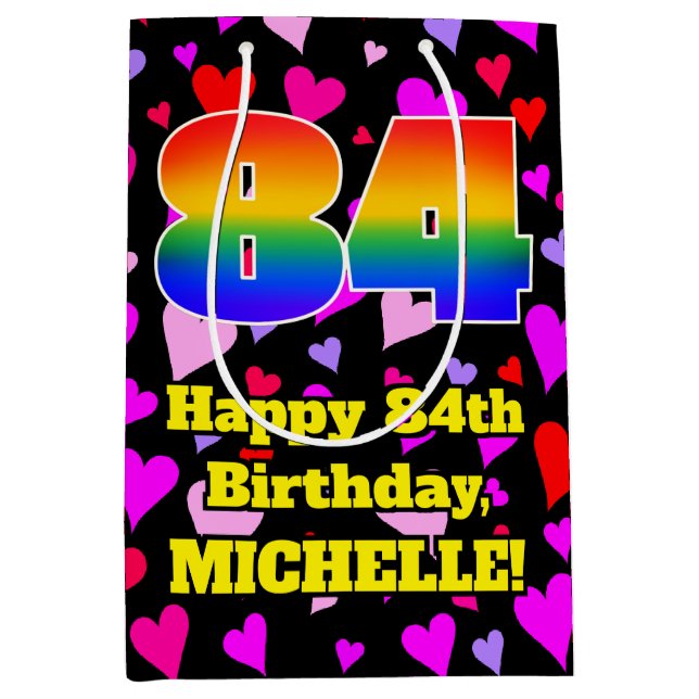 84th Birthday: Loving Hearts Pattern, Rainbow # 84 Mittlere Geschenktüte (Vorderseite)