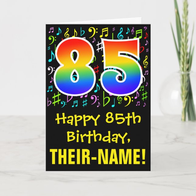 85. Geburtstag: Farbige Musiksymbole + Regenbogen  Karte (Vorderseite)