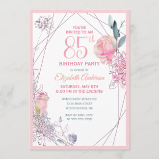85. Geburtstag Floral Blush Rose Wasserfarbenes Pa Einladung