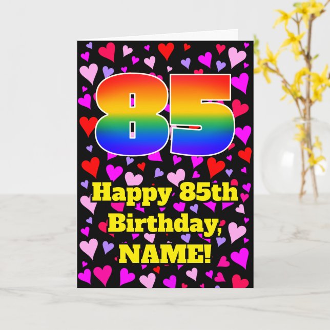 85. Geburtstag: Loving Hearts Pattern, Regenbogen  Karte (Gelbe Blume)