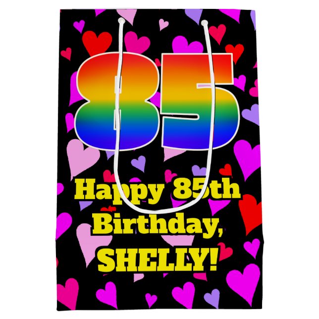 85. Geburtstag: Loving Hearts Pattern, Regenbogen  Mittlere Geschenktüte (Rückseite)