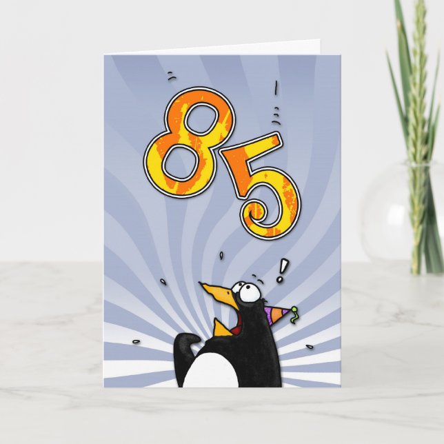 85. Geburtstag - Pinguin-Überraschungs-Karte Karte (Vorderseite)