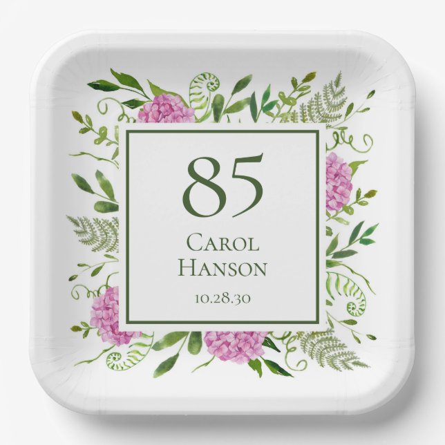 85. Geburtstag Pink Hydrangeas Pappteller (Vorderseite)