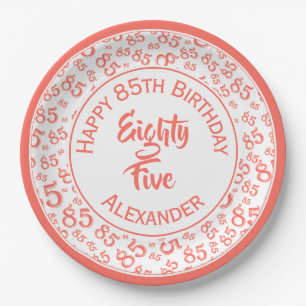 85. Geburtstag Random Number Pattern Coral/White Pappteller