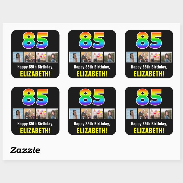 85. Geburtstag: Regenbogen "85"; benutzerdefiniert Quadratischer Aufkleber (Blatt)