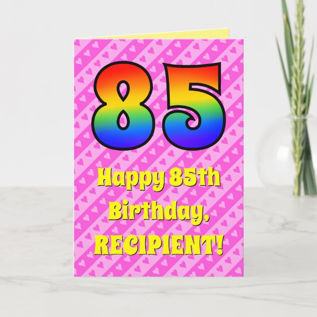 85. Geburtstag: Rosa Streifen & Herz, Regenbogen # Karte (Vorderseite)