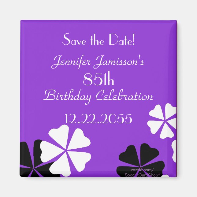 85. Geburtstag Save the Date Lila Blumenmagnet Magnet (Vorne)