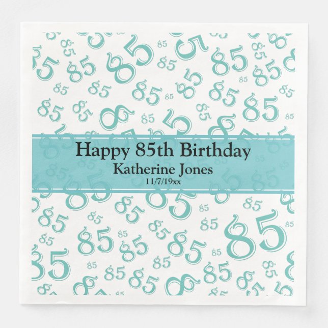 85. Geburtstag Zufallszahlenmuster Aquamarin/weiß Serviette (Vorderseite)