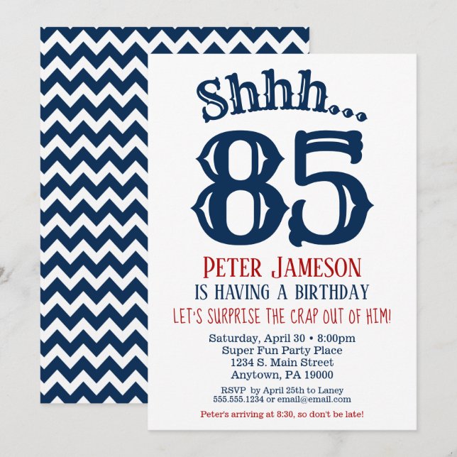 85e anniversaire surprise Invitation Homme Marine  (Devant / Derrière)