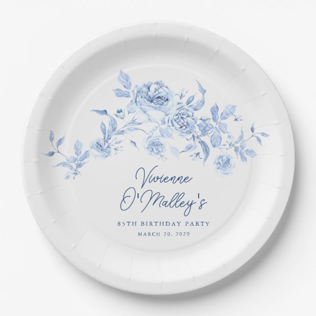 85th Birthday Party Blue Rose Floral Custom Pappteller (Vorderseite)