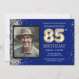 85th Birthday Party Gold Glitter Blue Photo Invita Einladung