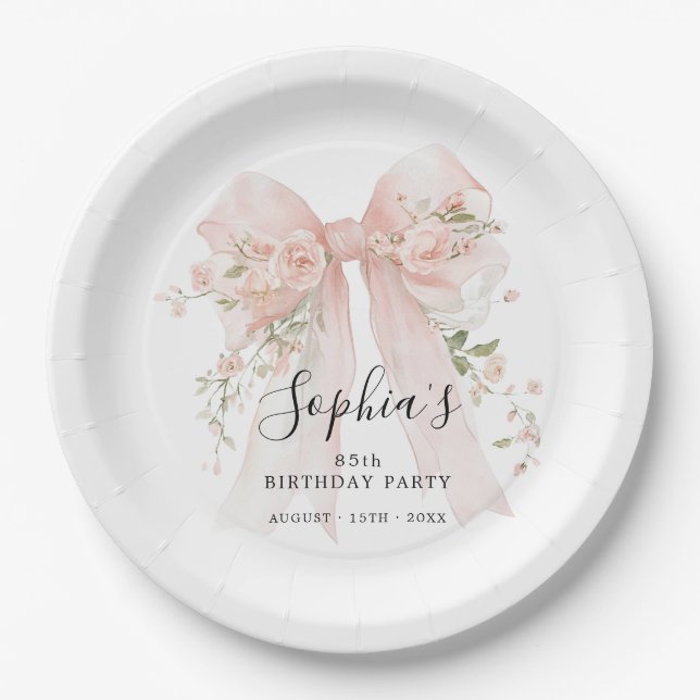 85th Birthday Party Pink Bow with Roses Custom Pappteller (Vorderseite)
