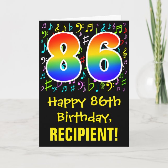 86. Geburtstag: Farbige Musiksymbole + Regenbogen  Karte (Vorderseite)