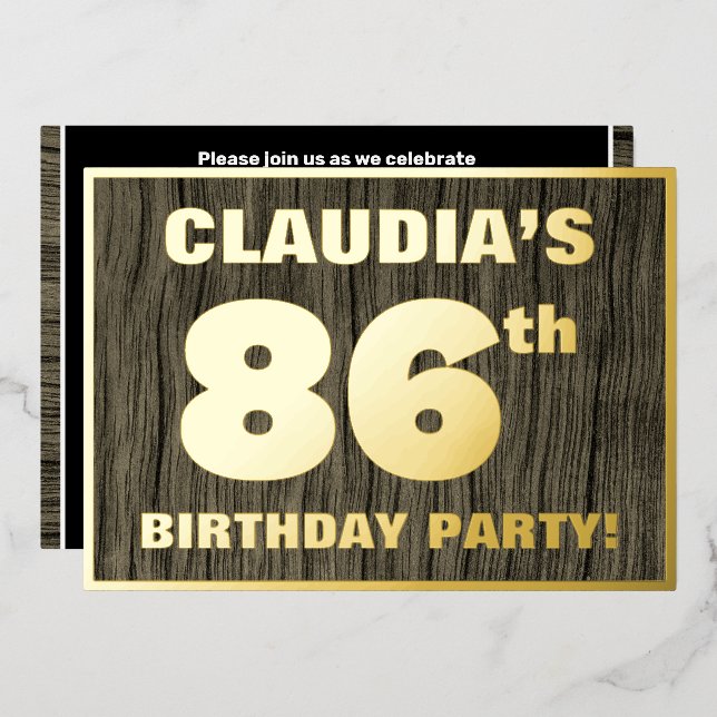 86th Birthday Party: Bold, Faux Wood Grain Pattern Folieneinladung (Vorderseite/Rückseite)
