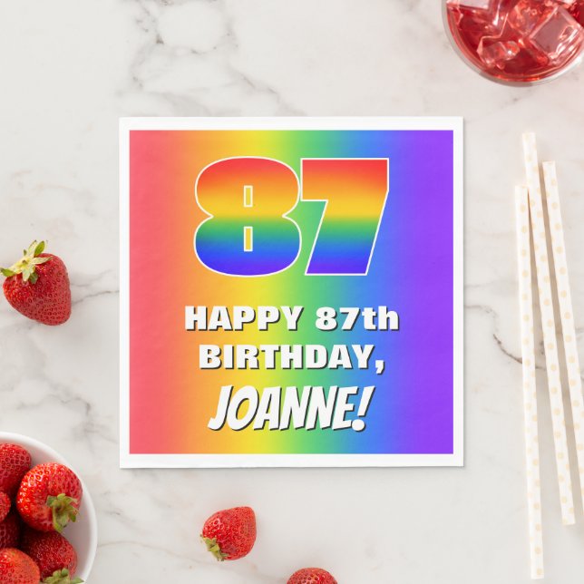 87. Geburtstag: Farbiges, lustiges Regenbogenmuste Serviette (Beispiel)