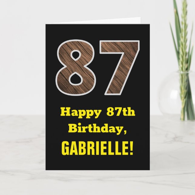 87. Geburtstag: Name, Imitate Holzkörnchen Muster  Karte (Vorderseite)