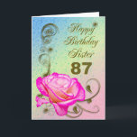 87. Geburtstagskarte der eleganten Rose für Karte<br><div class="desc">Eine elegante rosa Rose auf einem goldenen Rollearbeitshintergrund. Eine schöne Karte,  die sicher ist,  Ihrer Schwester auf ihrem 87. Geburtstag zu gefallen.</div>
