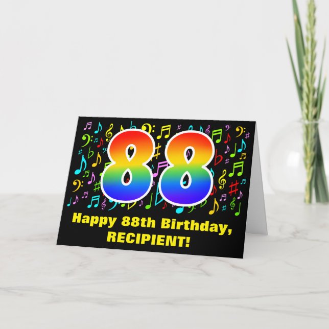 88. Geburtstag: Farbige Musiksymbole & Regenbogen  Karte (Vorderseite)