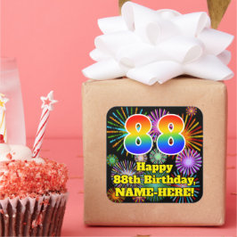 88. Geburtstag: Fun Fireworks Look, Rainbow # 88 Quadratischer Aufkleber